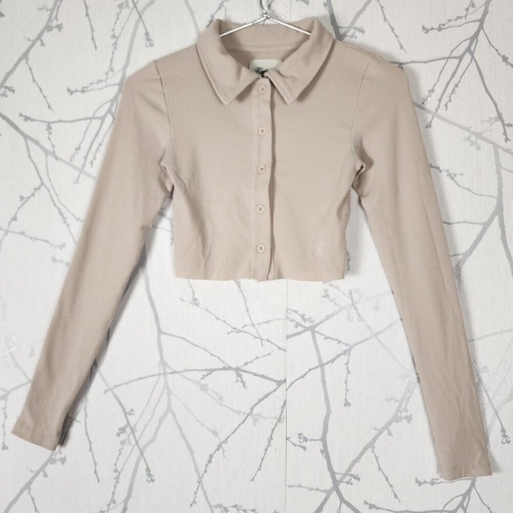 Kuwalla Montreal Beige Ribbed Knit Button Front Cropped Polo